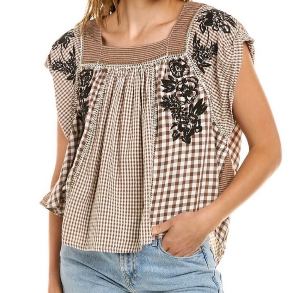 Free People We The Free Half Moon Gingham Top Small